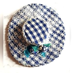 Vintage 1960s Barbie Doll Blue Plaid Gingham Lace Hat